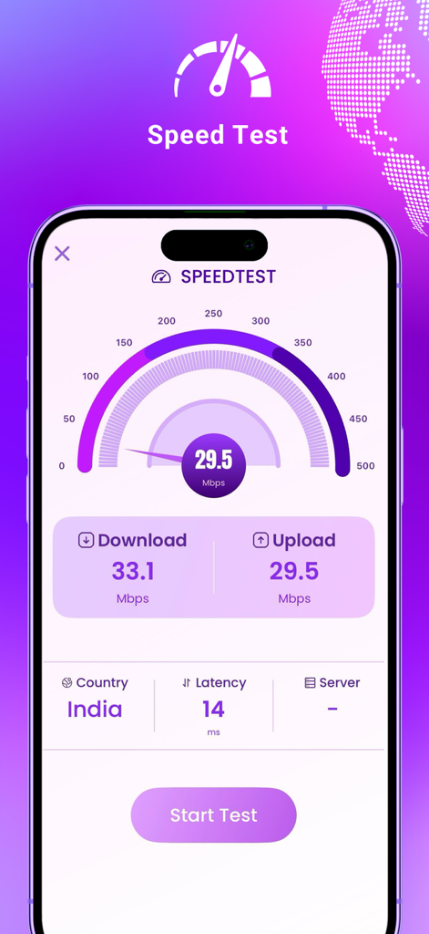 Pronto VPN – Secure, Fast VPN - Interface de teste de velocidade do Pronto VPN mostrando velocidade de download, velocidade de upload e latência de rede em um iPhone