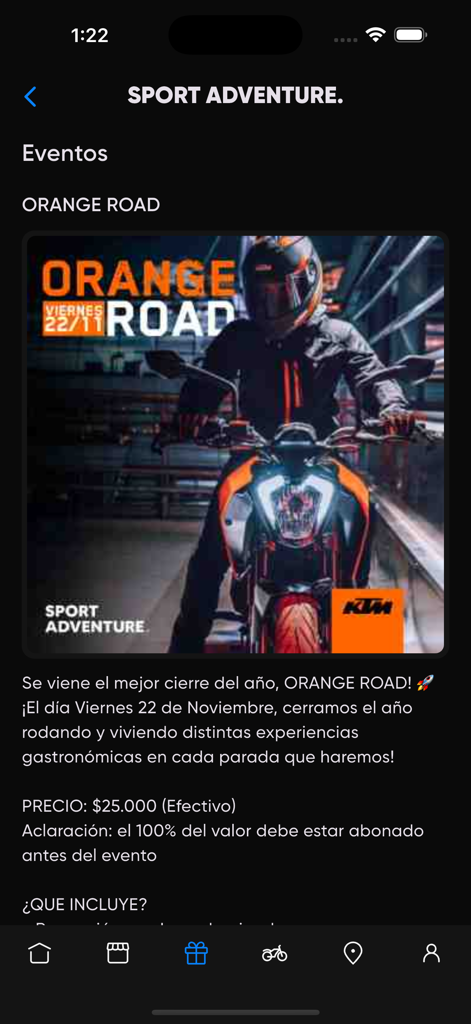 Sport Adventure - Détails d'un événement moto pour Orange Road présentant un motard sur une moto KTM dans l'application Sport Adventure.