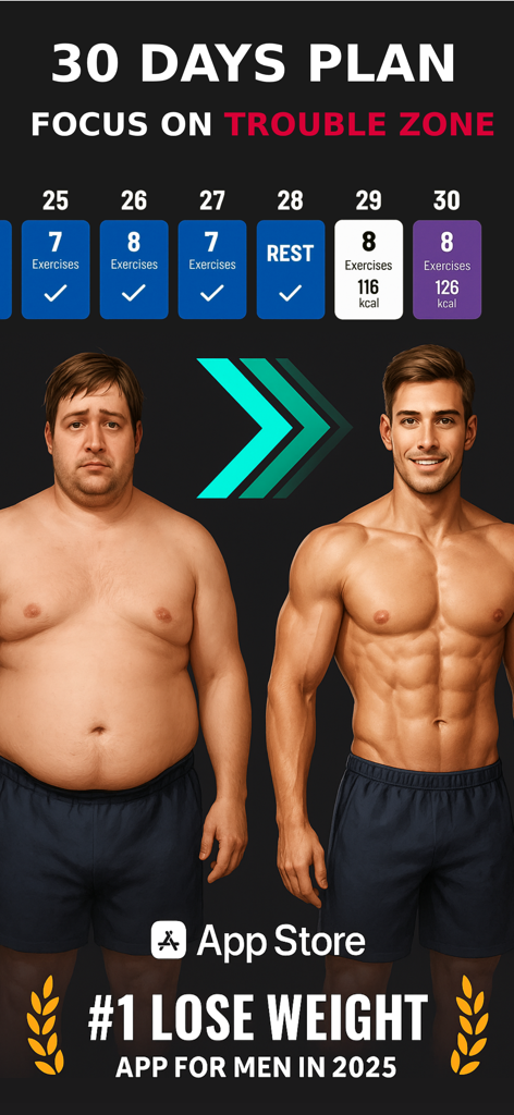 Home Workouts for Men at Home - A 30 day workout plan showing a man's physical transformation from overweight to muscular