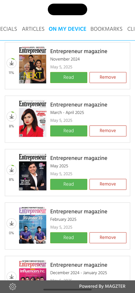 Entrepreneur magazine India - A list of Entrepreneur India magazine digital issues in the mobile app library view