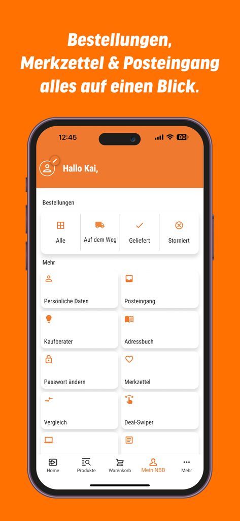 Pantalla de smartphone que muestra la descripción general de la cuenta de usuario de la aplicación notebooksbilliger con seguimiento de pedidos y configuración personal
