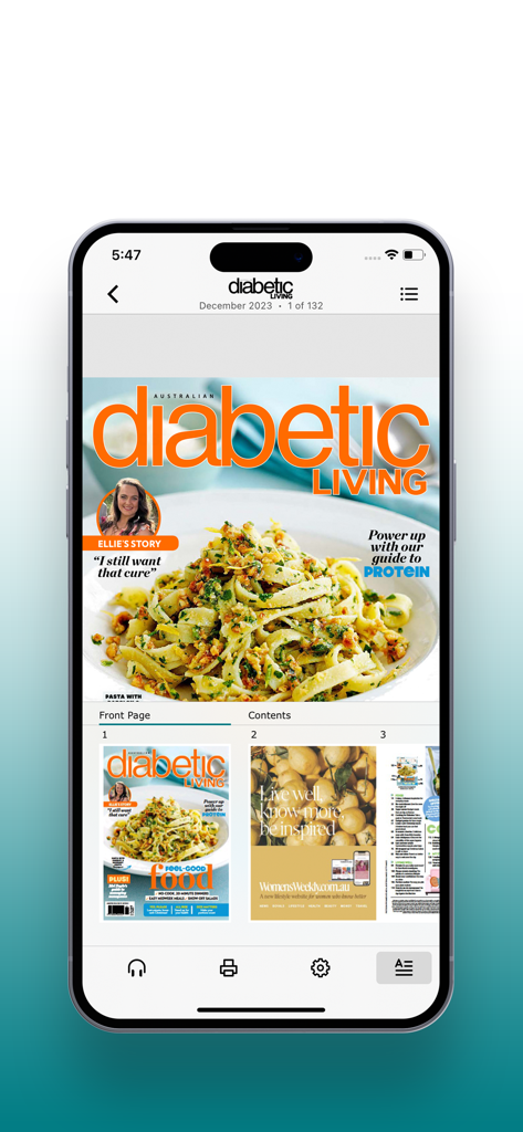 Diabetic Living Magazine app screen displaying a digital issue cover with a healthy pasta recipe and expert health advice.