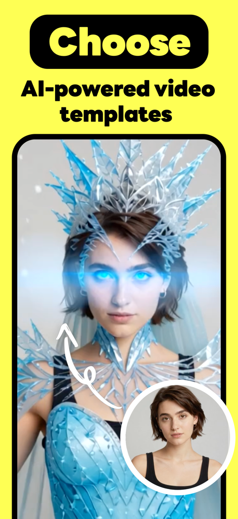 Pika Labs - AI Video - Capture d'écran de l'application Pika Labs montrant une transformation IA d'une photo de portrait en un effet vidéo cinématographique de reine des glaces.