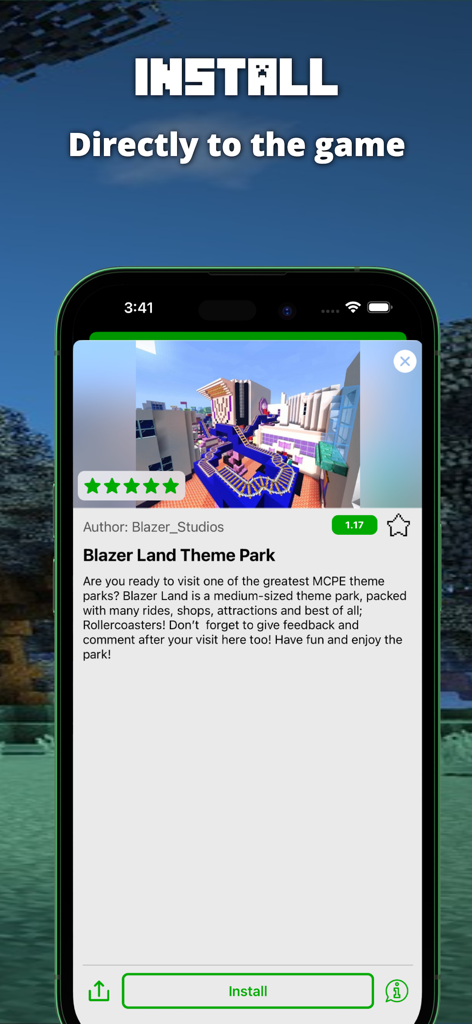 테마파크 맵과 직접 설치 버튼을 보여주는 마인크래프트 PE 모드 앱 인터페이스