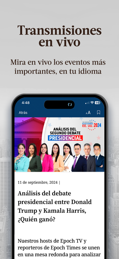 El Epoch: Últimas Noticias - Mobile interface of El Epoch app showing live news analysis and a headline about the presidential debate in Spanish