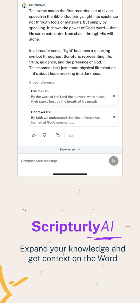 Scripturly - Scripturly app interface displaying AI generated biblical insights and cross references