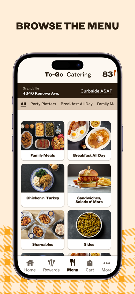 Cracker Barrel app screen showing the browse the menu interface with food categories like family meals and breakfast all day