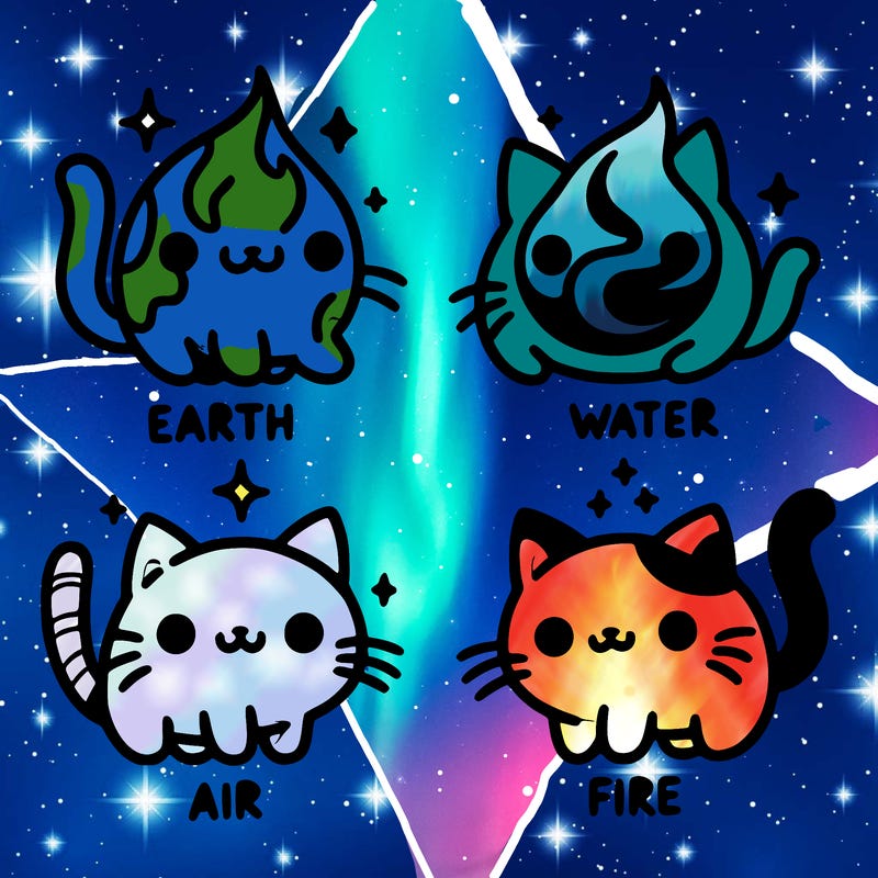 4 cats that represent the different elements, earth, water, air, and fire