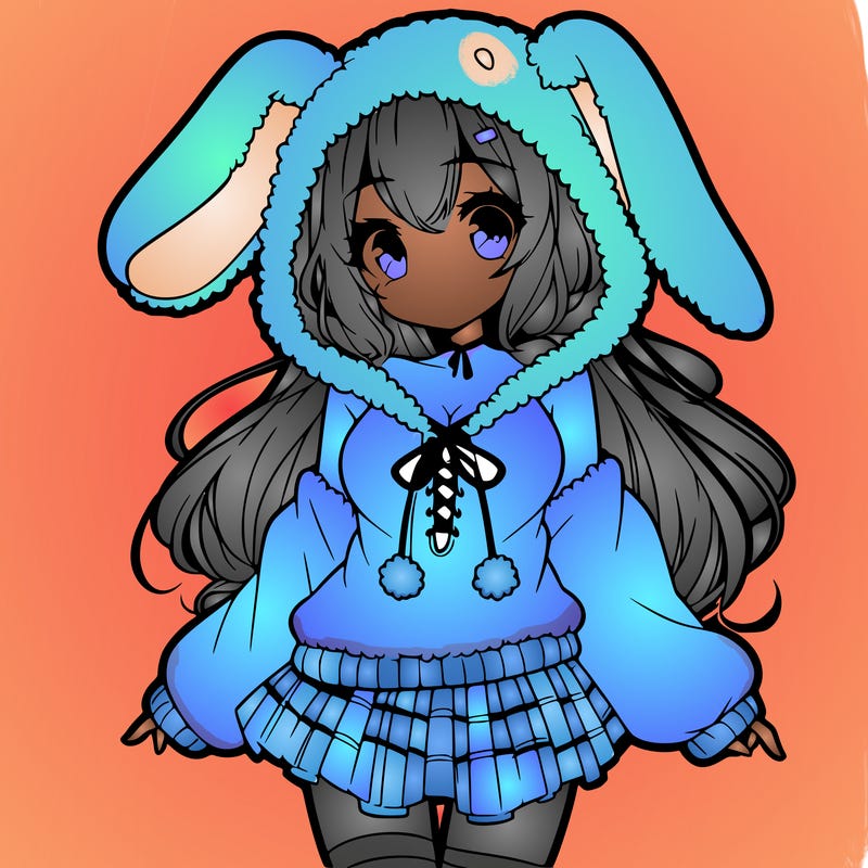 pretty anime girl wearing a fluffy hoodie with bunny ears on the hood and a skirt