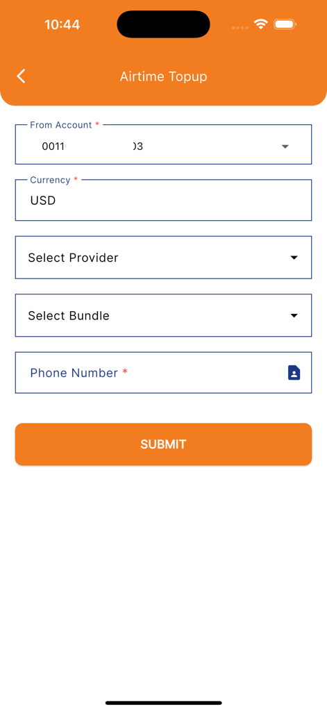 Idman Wallet - Écran de recharge de crédit téléphonique dans l'application Idman Wallet avec des champs pour le fournisseur, le forfait et le numéro de téléphone
