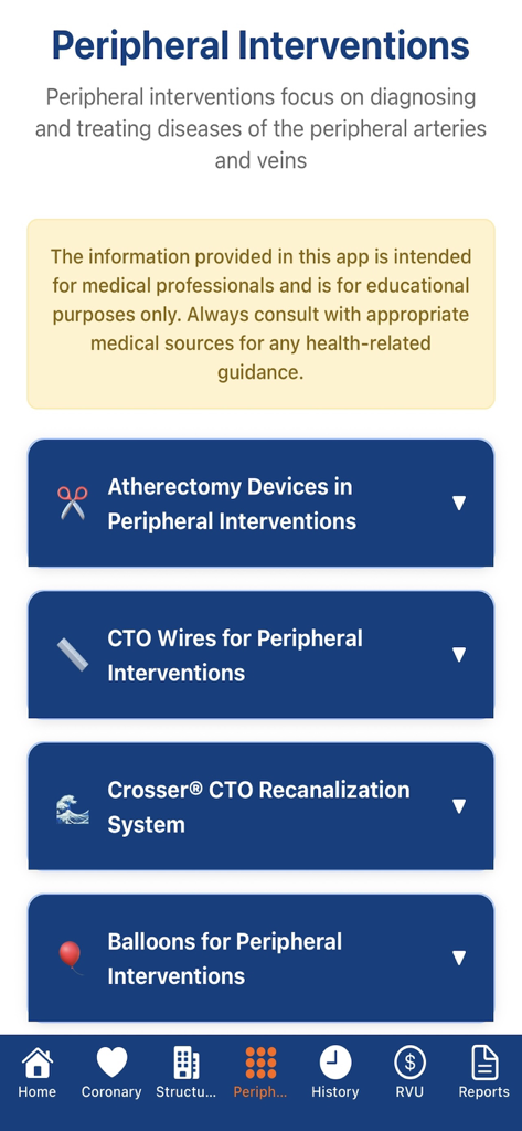 Interventional Cardiology Hub - Screenshot of the Peripheral Interventions menu within the Cardiology Hub app featuring categories for devices and tools.