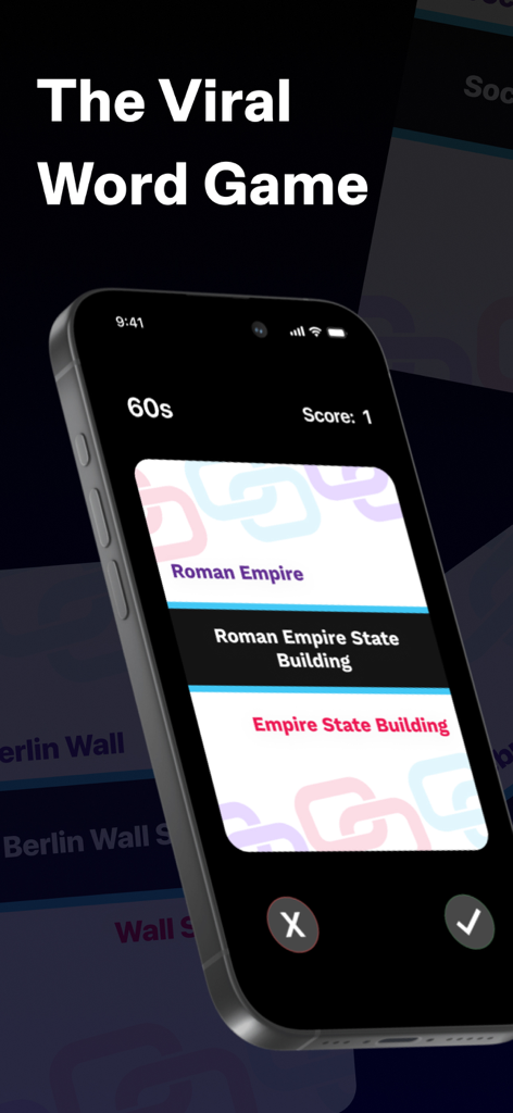 Connected Clues - Gameplay screenshot of Connected Clues viral word game on an iPhone displaying a clue card with the words Roman Empire and Empire State Building
