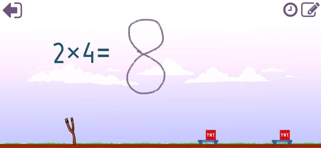 Times Tables 10x10 - A handwritten number eight as the answer to a multiplication problem in a gamified math app