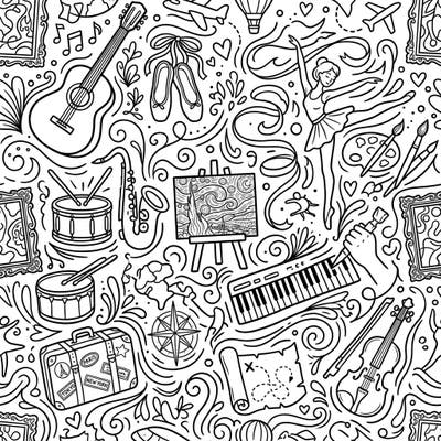 Embark on an artistic adventure with this captivating seamless pattern coloring page, blending the worlds of music, art, and travel. Discover intricate details like musical instruments, iconic artworks, graceful dancers, and exciting travel motifs, all waiting for your creative touch.