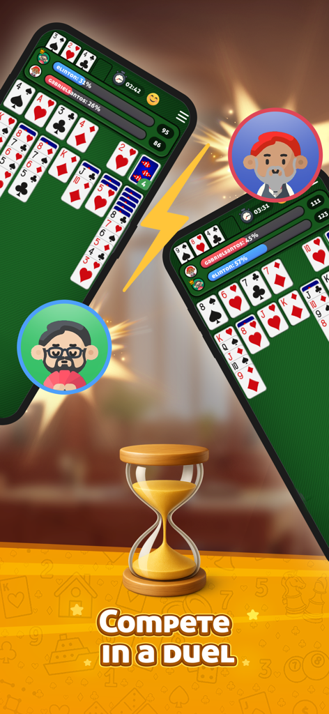 Two mobile phones showing a competitive solitaire card game duel with player avatars and a timer.