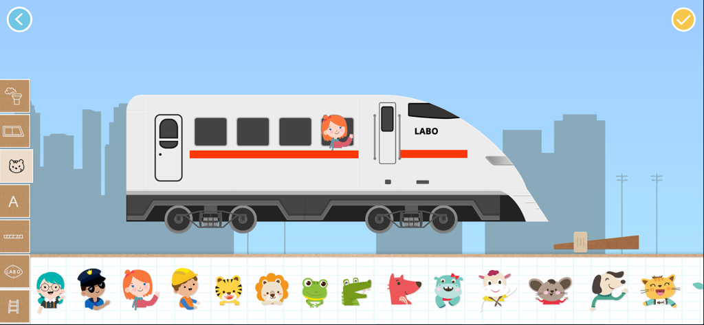 A high-speed white train with a character in the window being customized in the Brick Train Game app interface with various characters to choose from at the bottom.