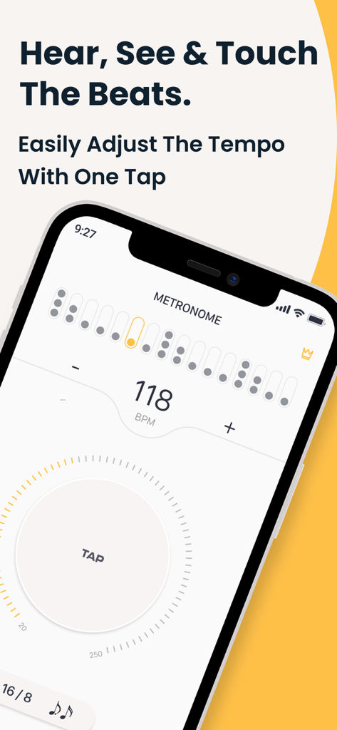 Metronome: tempo, tap, beat - Metronom-App-Oberfläche auf einem Smartphone-Bildschirm, die Takt-Tempo und BPM-Einstellungen anzeigt