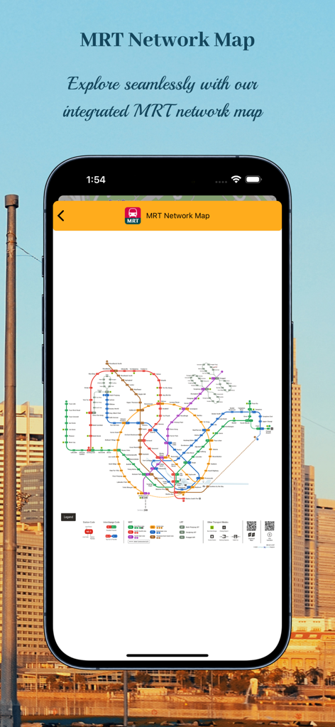 Una pantalla de smartphone que muestra el mapa integrado de la red MRT de Singapur dentro de la aplicación Transport SG.