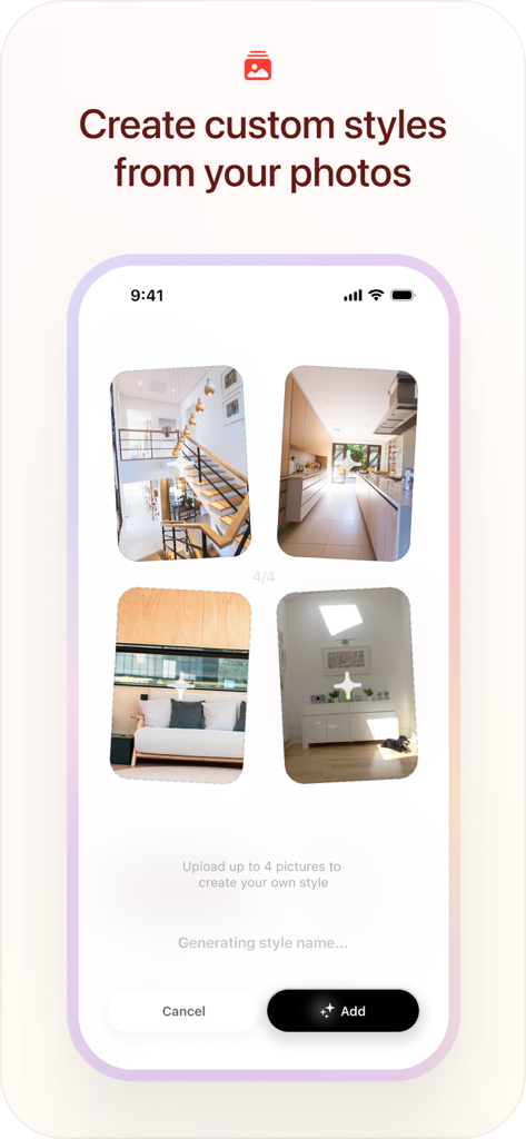 Spacia: AI Home Design - Spacia app screen for generating custom interior design styles from uploaded photos.