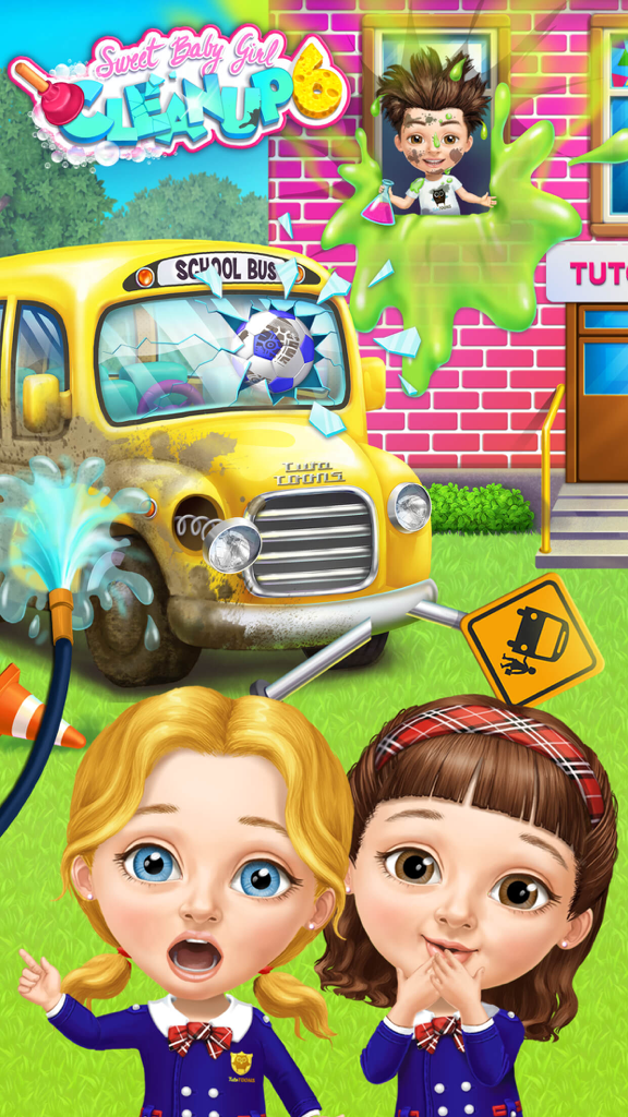Two girls in school uniforms in front of a dirty yellow bus and a boy with green slime