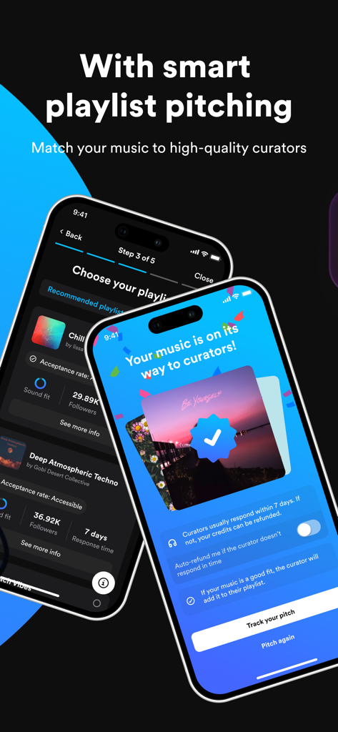 un:hurd: Music Marketing - Interface de l'application unhurd montrant le processus de pitch de playlist et la mise en relation des curateurs pour les artistes musicaux indépendants