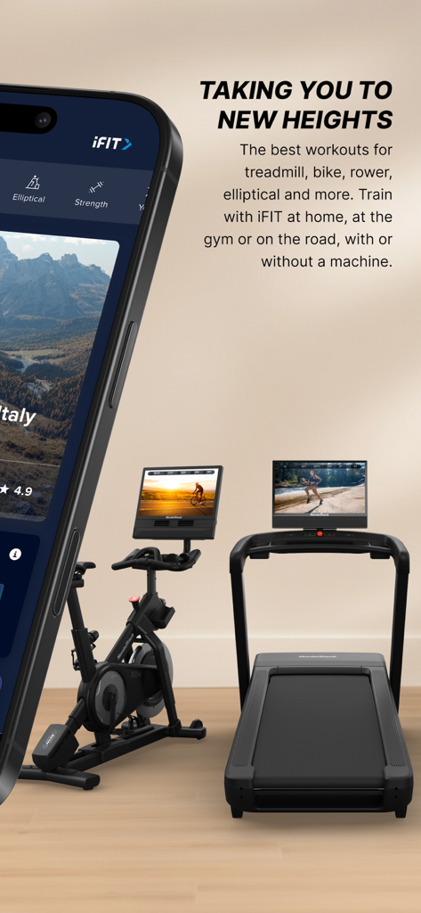Smartphone, das die iFIT Workouts App neben einem kompatiblen Laufband und einem stationären Fahrrad anzeigt.