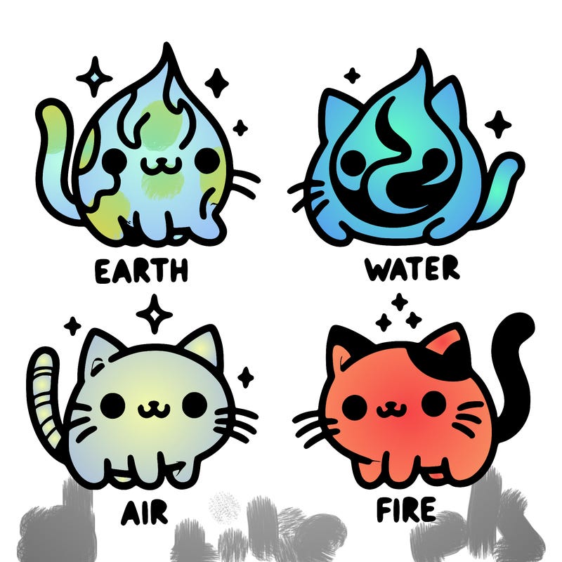 4 cats that represent the different elements, earth, water, air, and fire
