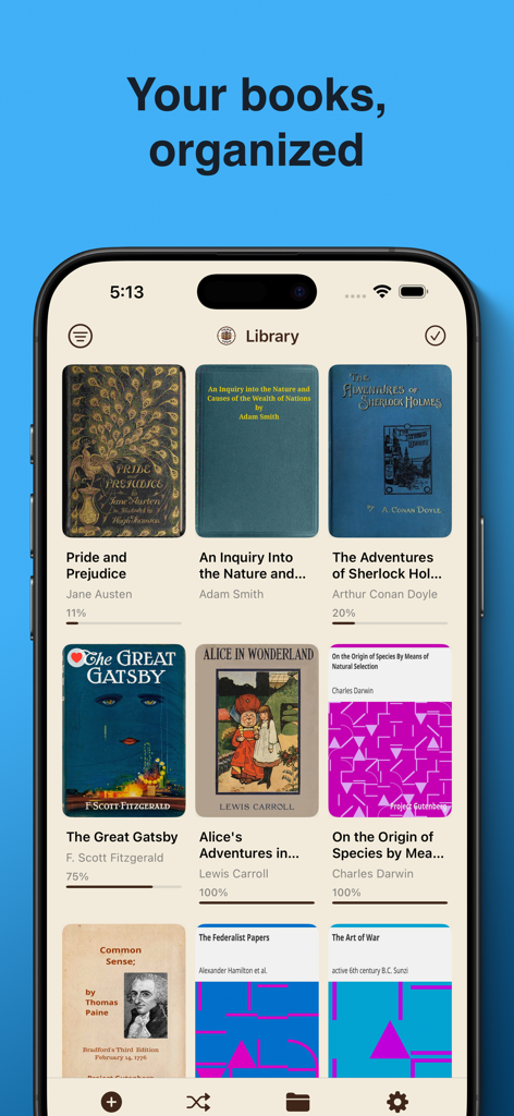 Tome Town: PDF & EPUB Reader - A mobile phone displaying the Tome Town library with several book covers and reading progress bars under the headline Your books organized