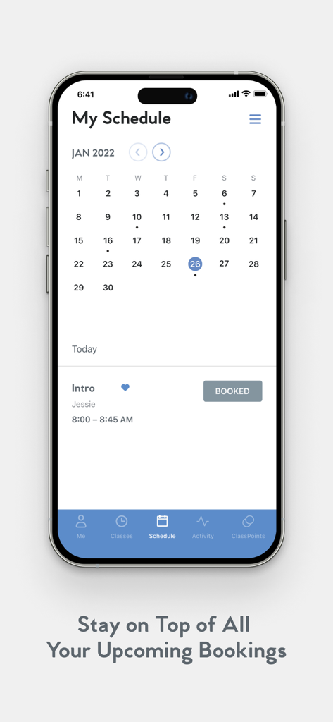Club Pilates app interface showing a monthly calendar and upcoming booked class details.