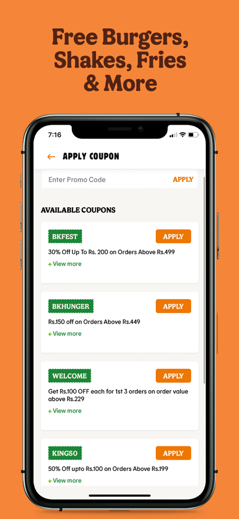 Burger King India app screen showing available coupons and promo codes for discounts on food orders