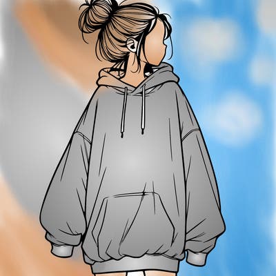 realistic girl with a oversized sweatshirt on and a bun