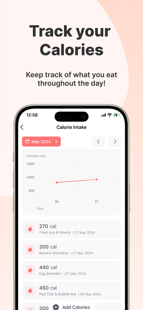 Water Fasting App - Easy Fast - Easy Fast mobile app screen for tracking daily calorie intake and meal history
