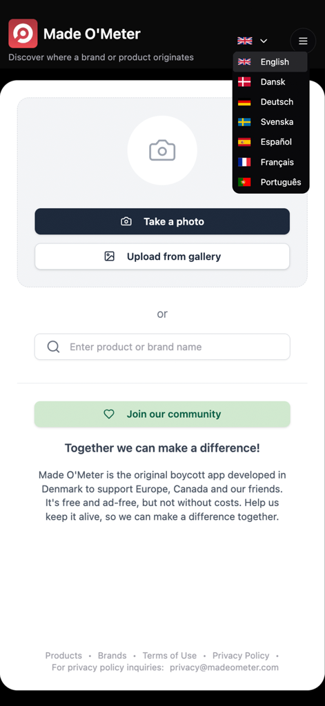 Made O'Meter - Tela inicial do aplicativo Made O Meter com opções para escanear produtos e pesquisar nomes de marcas para transparência.