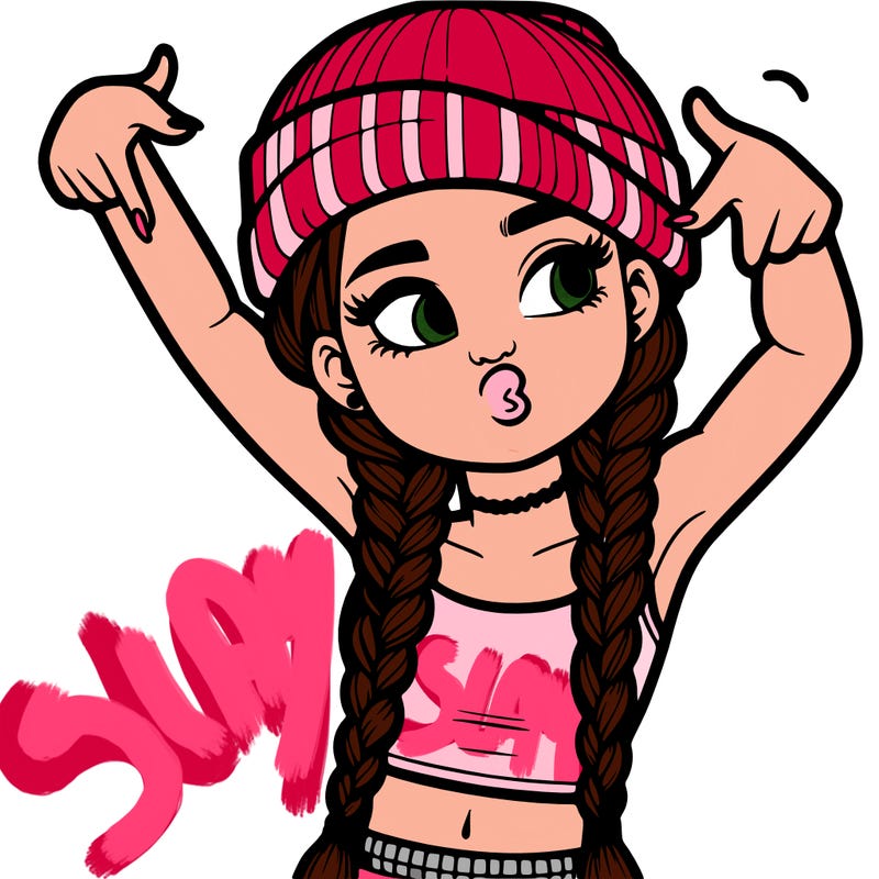 realistic teenage girl with braids and a beanie and crop top doing 🫶🏼