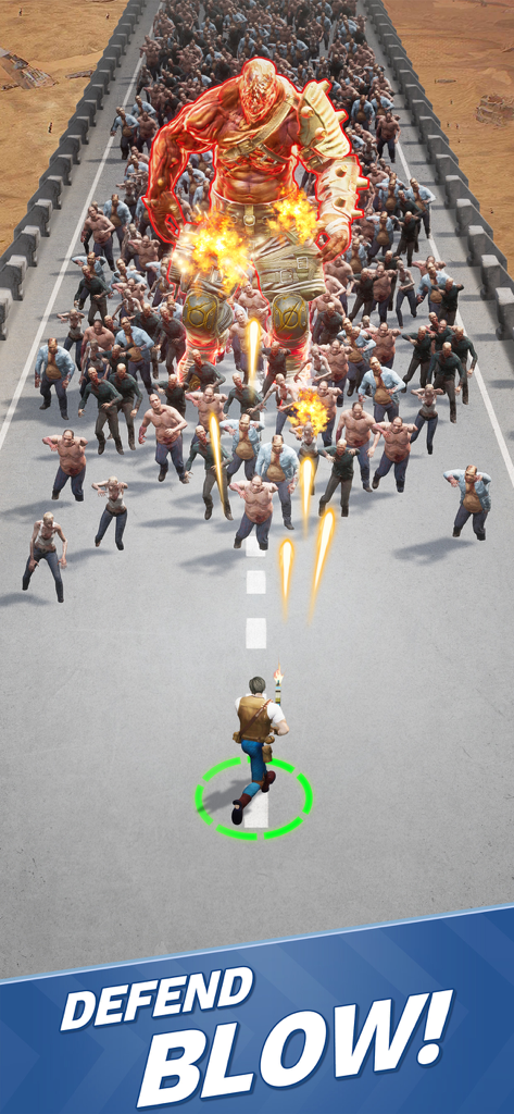 Zombie Waves-shooting game - Gameplay von Zombie Waves, das einen Überlebenden zeigt, der auf eine massive Horde und einen riesigen Zombie-Boss schießt