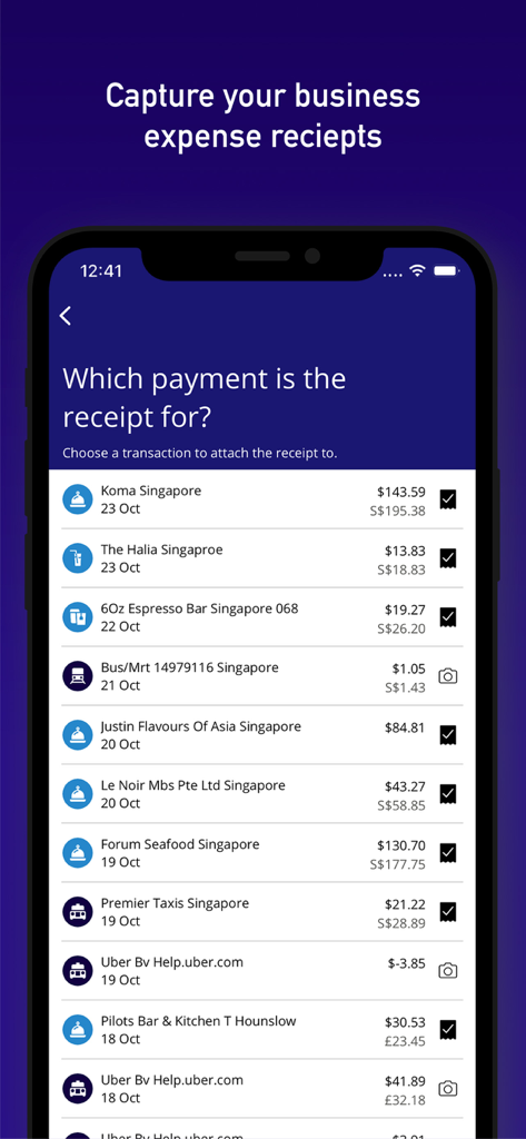 Visa Commercial Payアプリ画面に、ビジネスレシート照合用の取引リストが表示されている