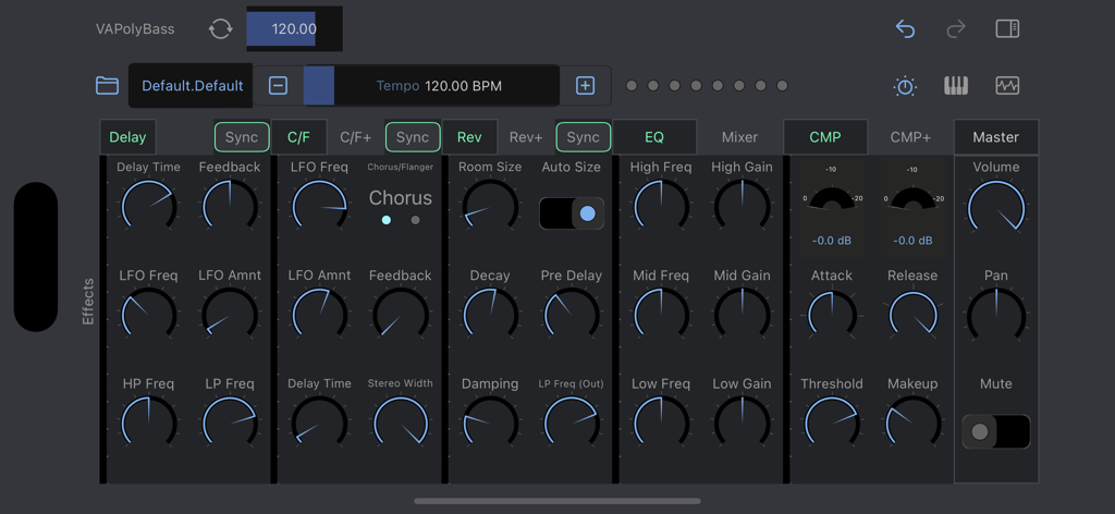 VAPolyBass - VAPolyBass synthesizer effects section with adjustable knobs for delay reverb EQ and compressor