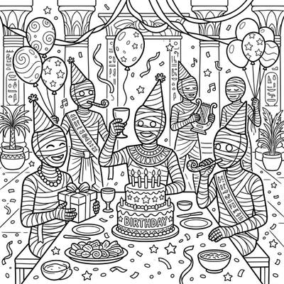 Step back in time for a truly unique celebration with our Priest Mummies Birthday Party coloring page. Join these ancient guests as they unwrap gifts, enjoy cake, and bring a millennia-old party to life with your favorite colors.