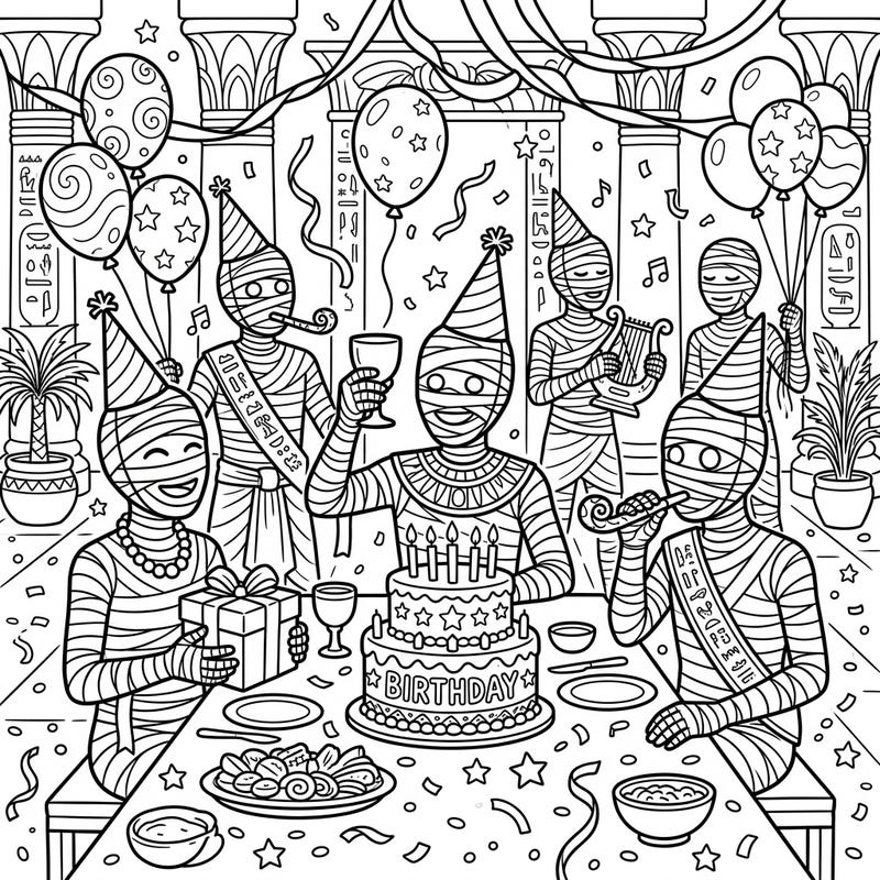 Step back in time for a truly unique celebration with our Priest Mummies Birthday Party coloring page. Join these ancient guests as they unwrap gifts, enjoy cake, and bring a millennia-old party to life with your favorite colors.