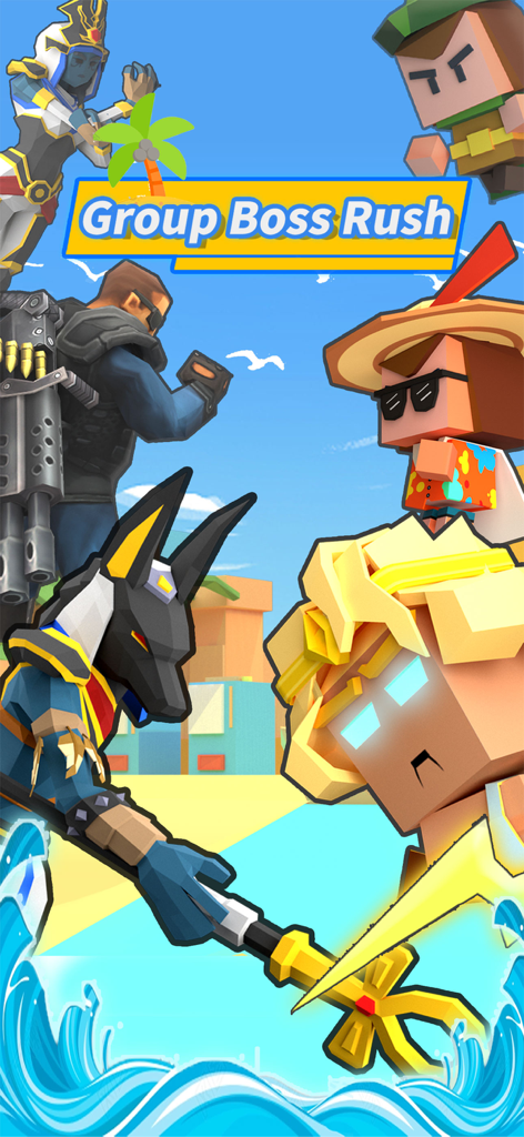 Diverse pixel-art characters in Arrow.io showcasing the Group Boss Rush game mode.