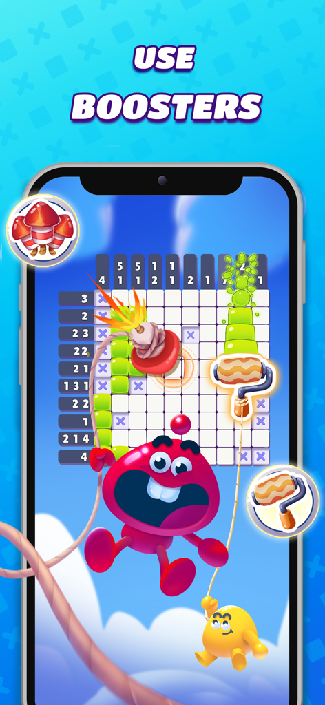 Nonogram Crossing Logic Puzzle - Nonogram Crossing Logikrätsel-Spielbildschirm mit skurrilen Charakteren und Power-up-Boostern.