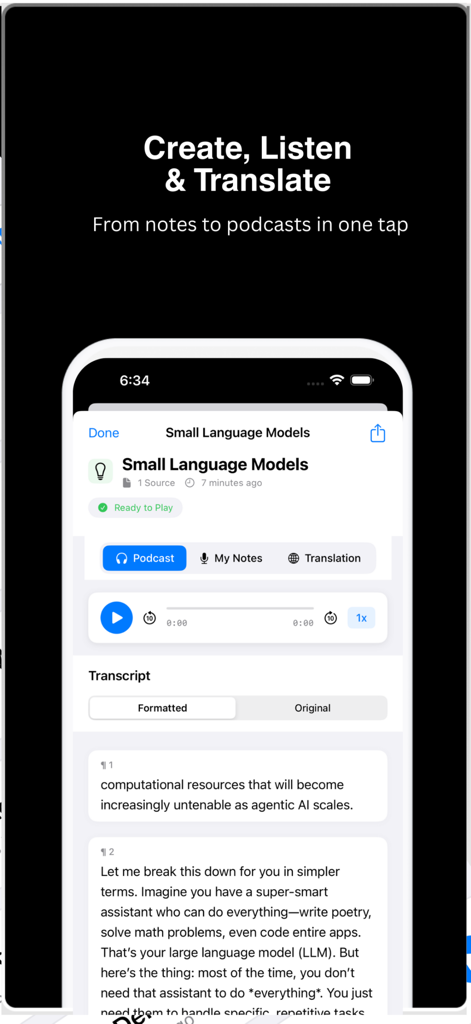 NoteCast AI - Interface of NoteCast AI app showing a podcast player and text transcript.
