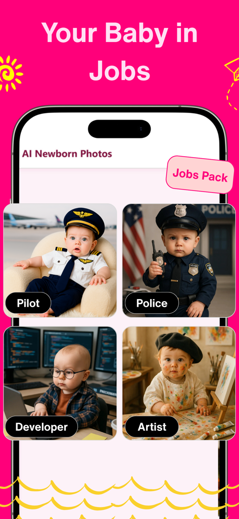 Newborn Baby AI Photo: NewPic - AI generated newborn baby photos in professional costumes like pilot and artist