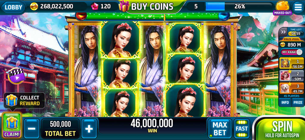 Lightning Slots ™ Cash Casino - Juego de Lightning Slots Cash Casino mostrando una gran victoria en una máquina tragamonedas de temática asiática.