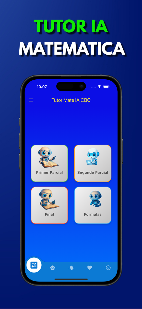 Tutor IA matematicas CBC - Main menu of the Tutor IA Matematica CBC app showing exam study options