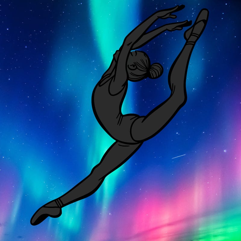 gymnast doing a leap in a leotard with a bent back leg