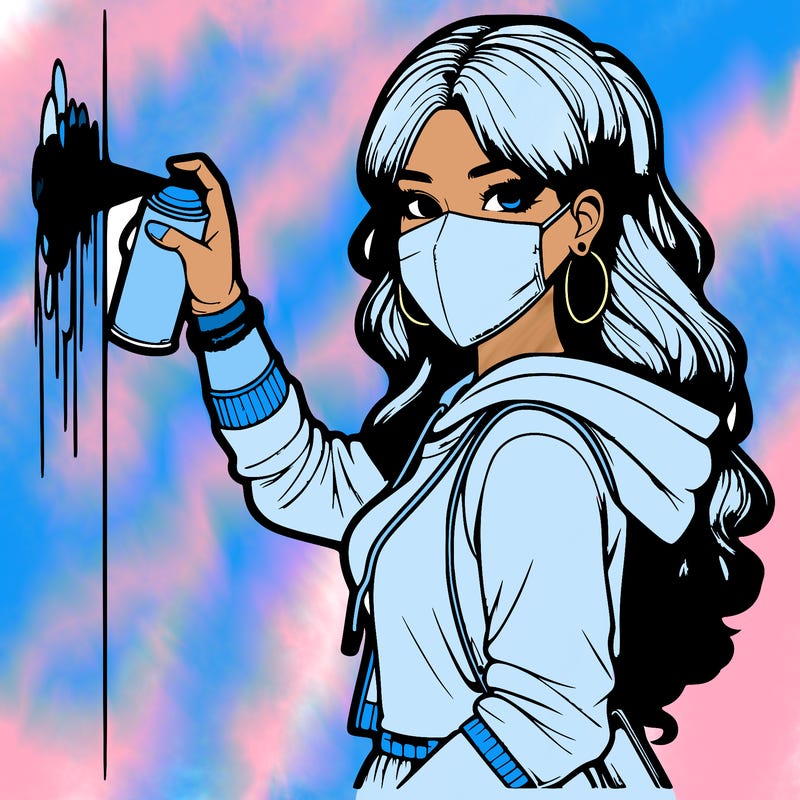 realistic girl with mask spray painting a wall