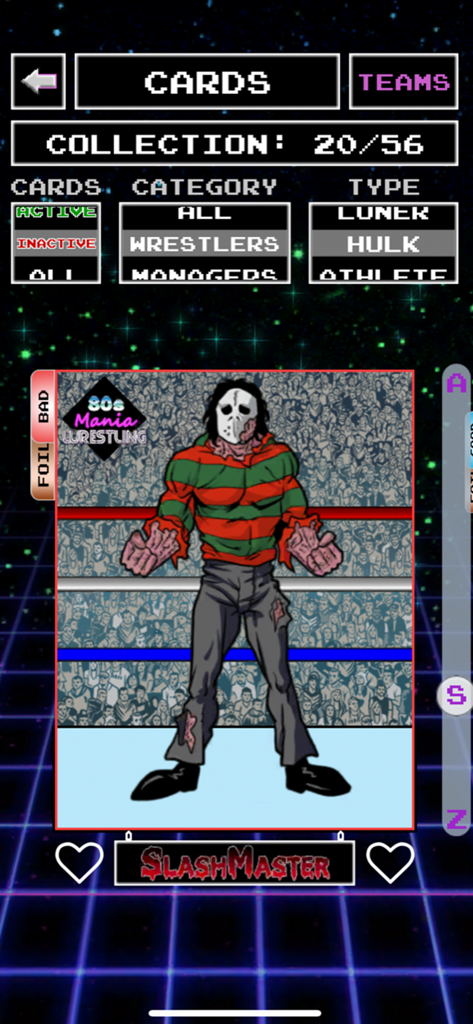 A wrestler card for SlashMaster, a parody of 80s horror icons, in the 80s Mania Wrestling Returns collection menu.