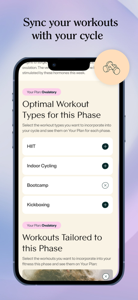 MyFlo® Period Tracker Calendar - MyFlo app screen suggesting optimal workout types for the ovulatory phase of the menstrual cycle.