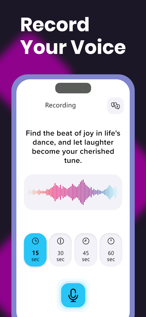 Interfaz de la aplicación Voice Studio que muestra la función Grabar tu voz con un guion y una forma de onda de audio